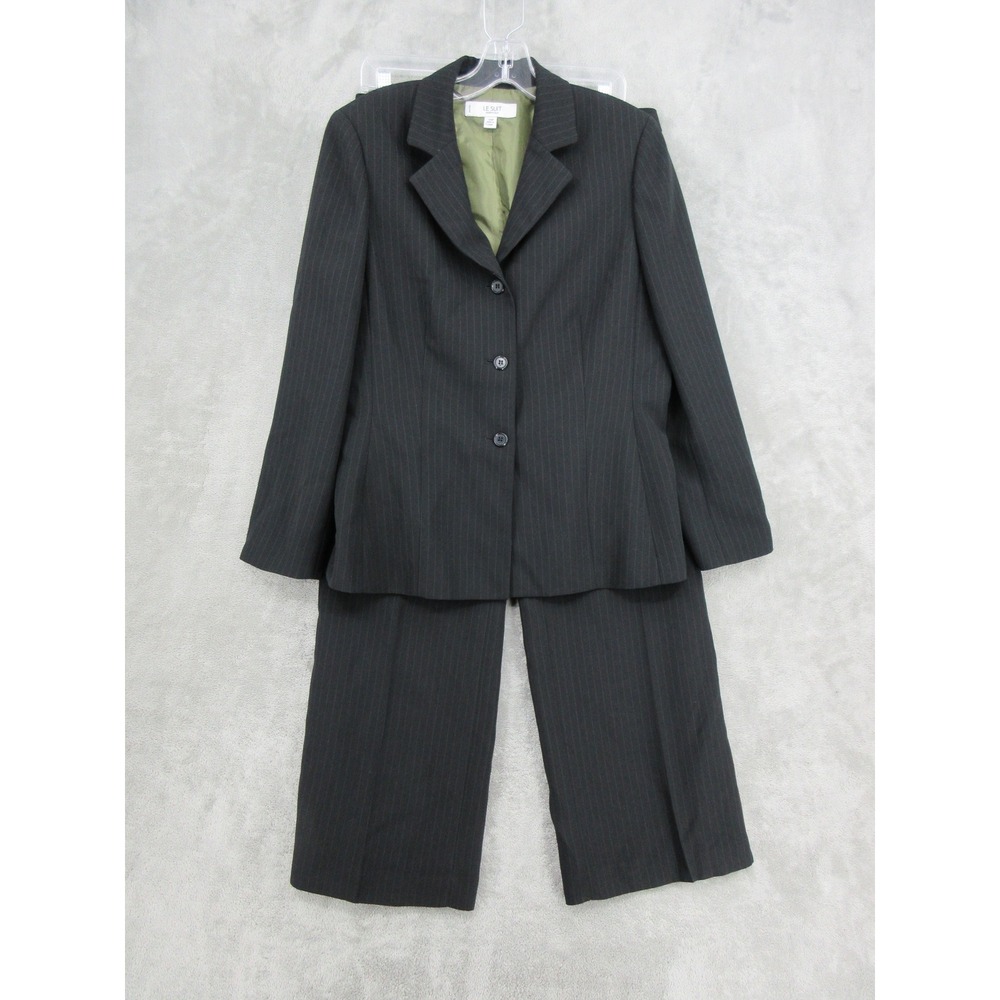 Le Suit Pant Suit Womens Size 12 Petite Black Pinstripe Wide Leg Blazer Office